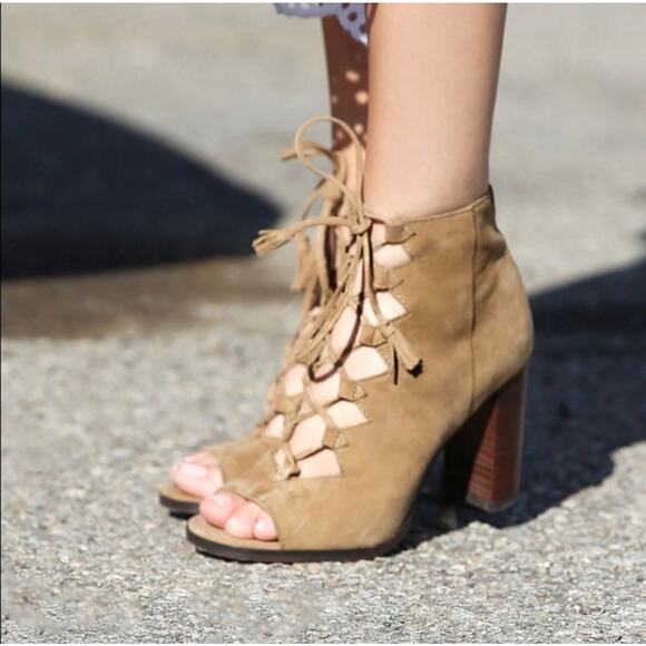 Frye Womens Tan Suede Gabby Ghillie Shooties Sz 7 Peep Toe Lace-Up Festival Boho - Picture 1 of 9